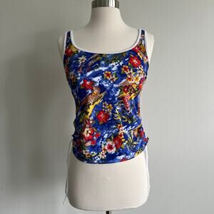 Cazimi Scoop Neck Ruched Side Tankini Swimwear Top Blue Hula Tropical 12